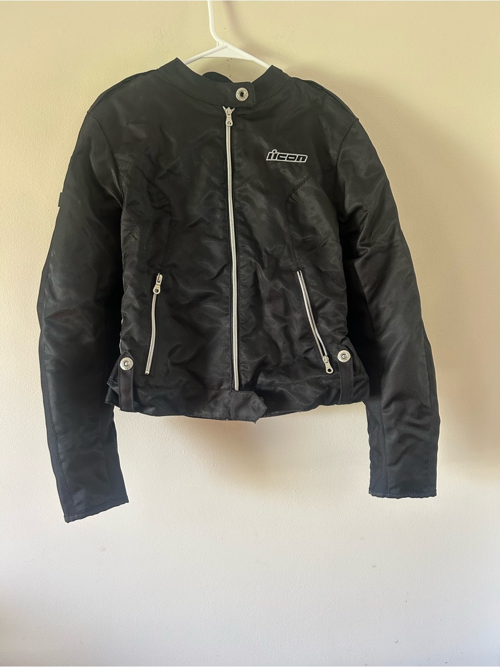 ICON Black Women's Textile Riding Jacket with Silver Zippers